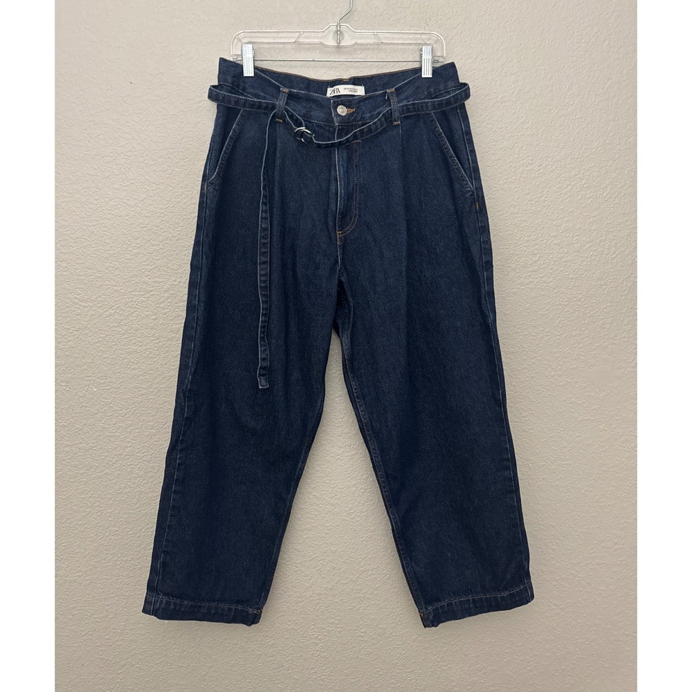 Zara Pleated Front Jeans Belted Dark Wash High Rise Denim Size 31